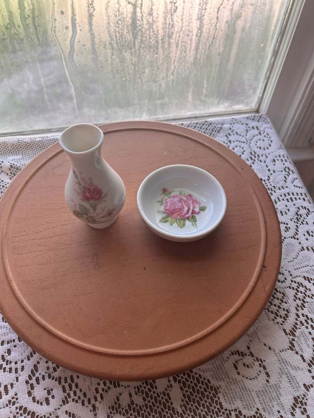 Porcelain Pink Rose Floral Bud Vase and Small Trinket Dish Set